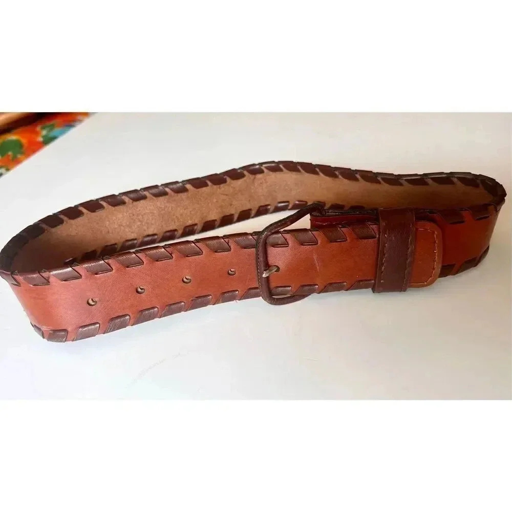 Vintage Brighton Brown‎ Tan Leather Vinyl Men’s Belt 31” Length